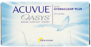 Acuvue Oasys contact lenses box with Hydraclear Plus, UV blocking daily lenses by Johnson & Johnson.