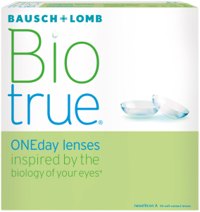 Bausch + Lomb Biotrue ONEday contact lenses box with lens image, daily disposable contacts inspired by the biology of your eyes.