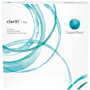 CooperVision Clariti 1-Day silicone hydrogel daily contact lenses box with teal swirl design.