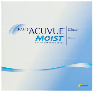 1-DAY ACUVUE MOIST 90 Pack contact lenses box with LACREON technology for daily comfort and UV protection.