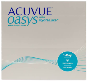 Box of ACUVUE OASYS 1-Day with HydraLuxe contact lenses, 90-pack, featuring blue design and UV blocking label.