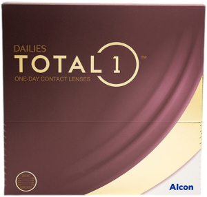 Box of DAILIES TOTAL1 one-day contact lenses, 90-pack by Alcon, with maroon and gold packaging.