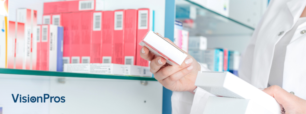 VisionPros header image showing eye care product boxes on shelves while a provider checks a package for expiration details.