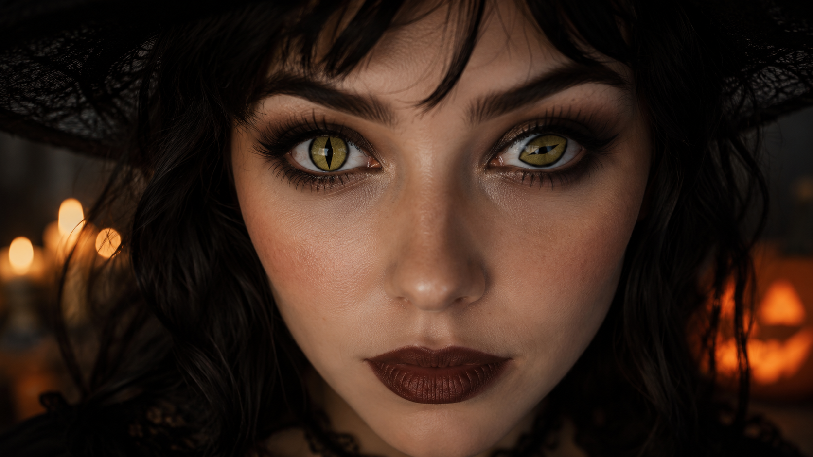 Close-up of a woman wearing yellow cat-eye Halloween contact lenses, with one pupil slightly rotated, dramatic smoky eye makeup, and a dark background with blurred candlelight and glowing jack-o'-lanterns.