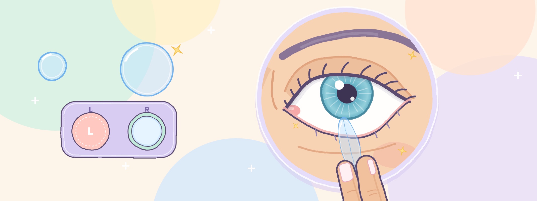 Illustration of two fingers gently lifting a folded soft contact lens away from an eye